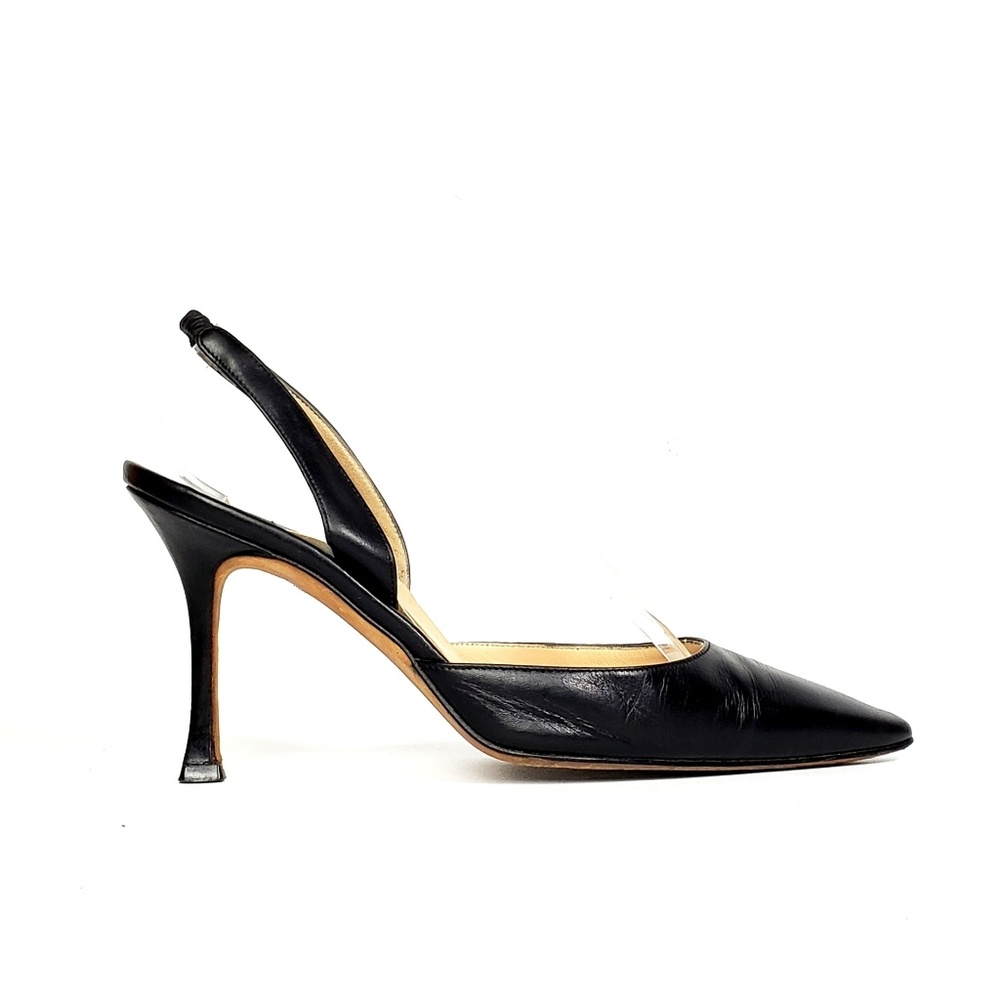 Manolo Blahnik Black Leather Slingback Heels - Picture 1 of 8